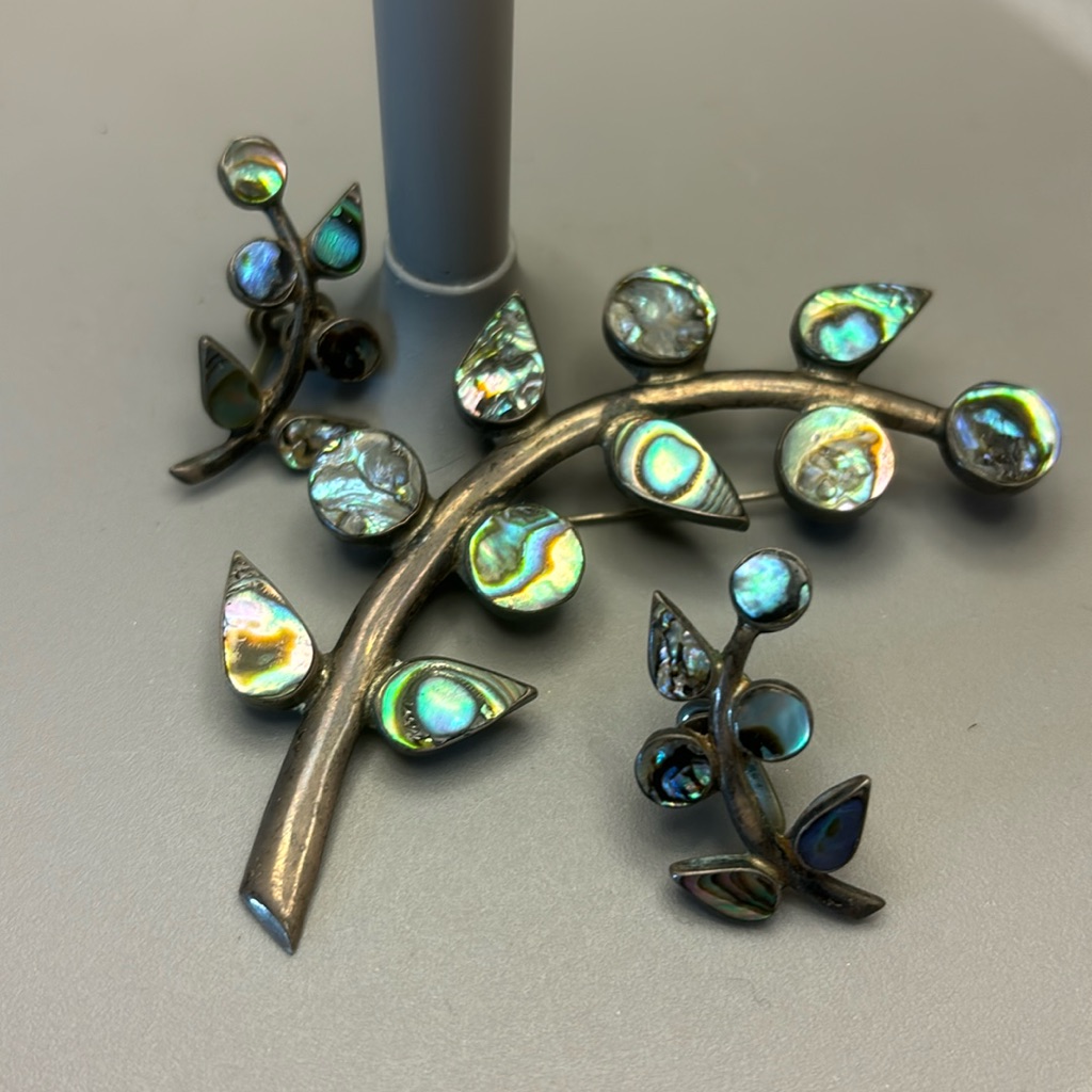 Gorgeous Vintage Taxco Mexico Ss 925 Abalone Leaf Brooch/Earring Set!!